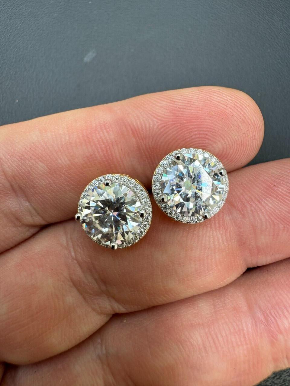 MOISSANITE Iced Out #1 Bestseller Halo Set Stud Earrings - 14k Gold Vermeil 925 Silver - 7mm -12mm