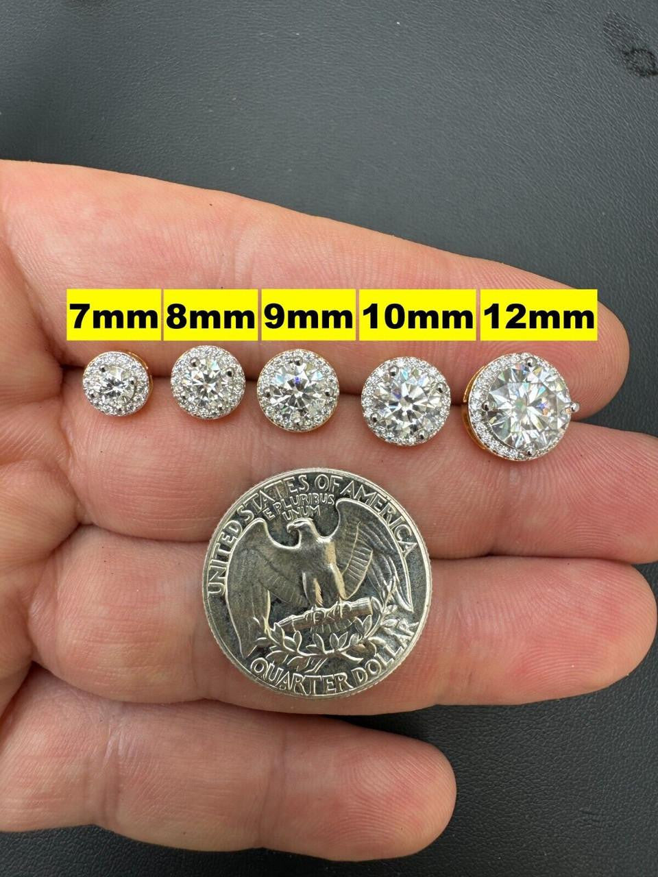 MOISSANITE Iced Out #1 Bestseller Halo Set Stud Earrings - 14k Gold Vermeil 925 Silver - 7mm -12mm
