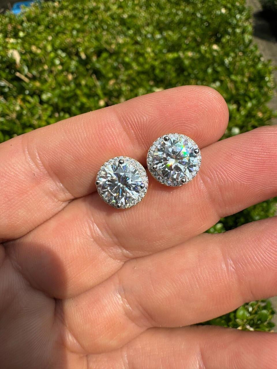 MOISSANITE Iced Out #1 Bestseller Halo Set Stud Earrings - 14k Gold Vermeil 925 Silver - 7mm -12mm