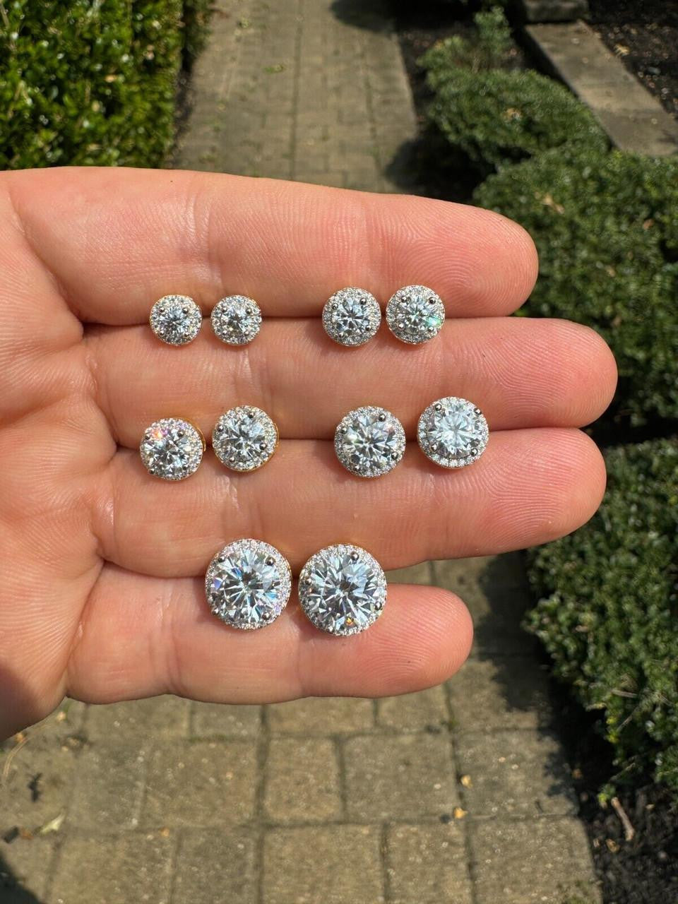 MOISSANITE Iced Out #1 Bestseller Halo Set Stud Earrings - 14k Gold Vermeil 925 Silver - 7mm -12mm