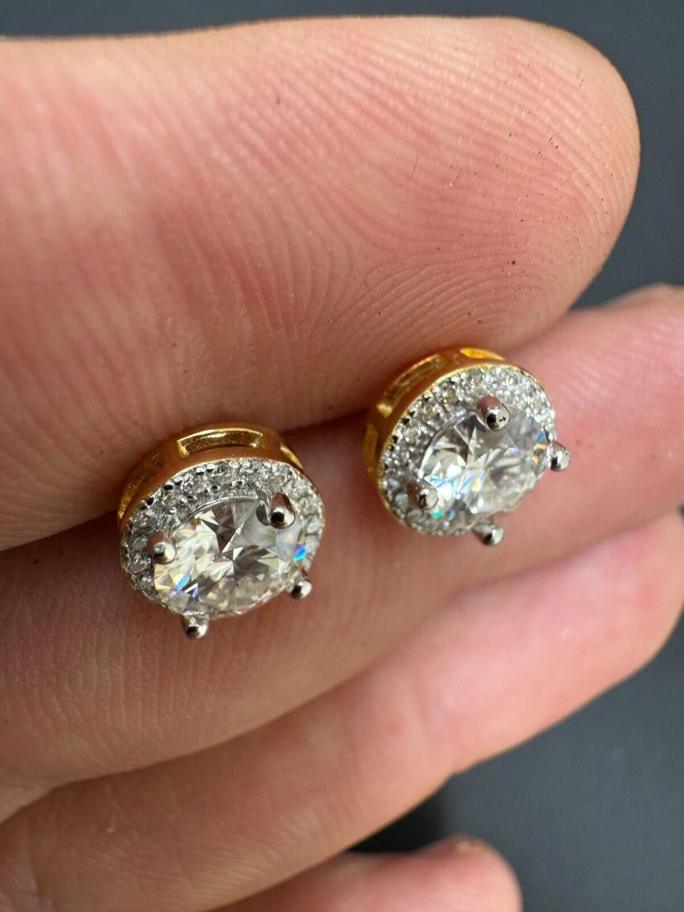 MOISSANITE Iced Out #1 Bestseller Halo Set Stud Earrings - 14k Gold Vermeil 925 Silver - 7mm -12mm