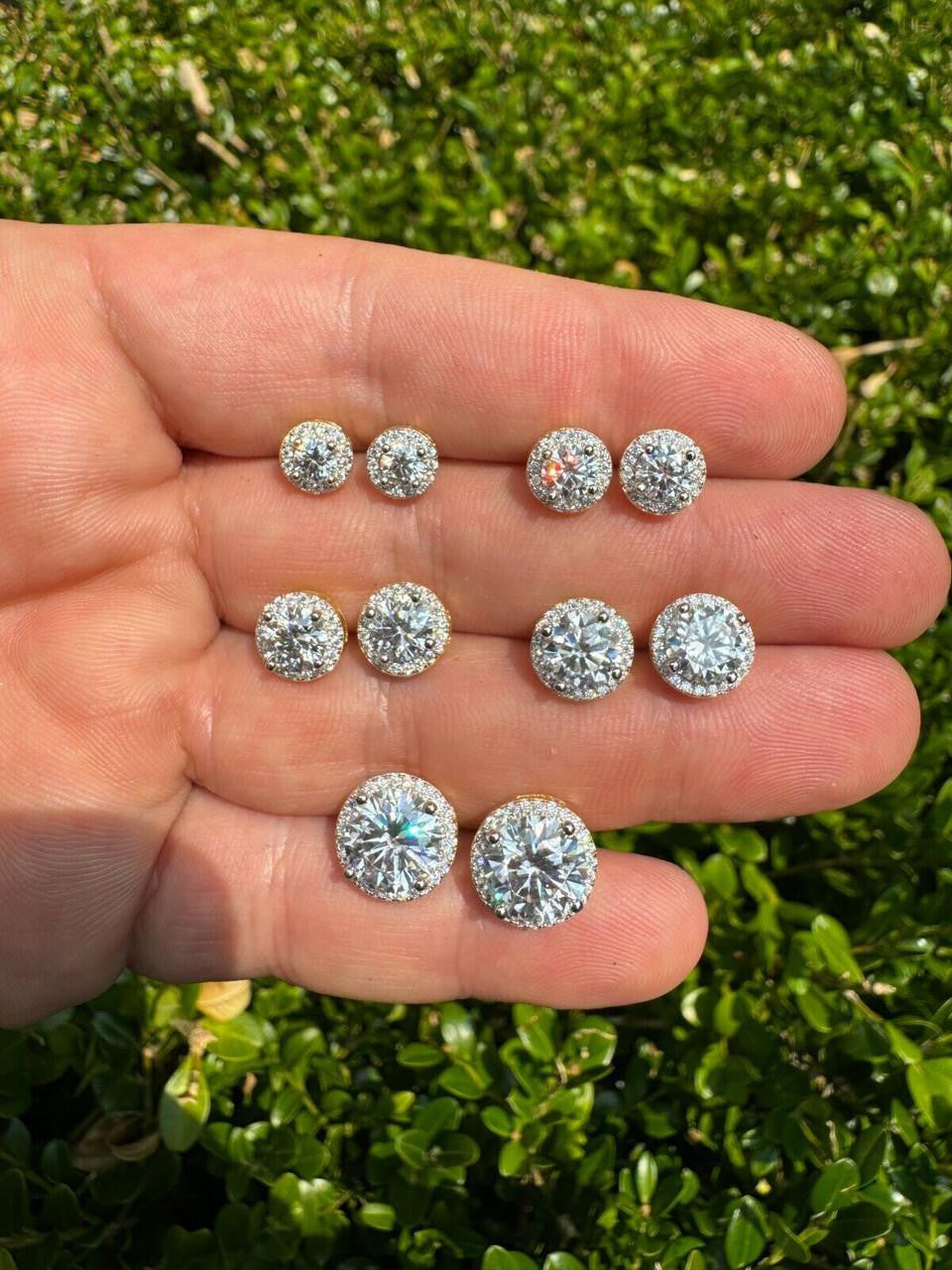 MOISSANITE Iced Out #1 Bestseller Halo Set Stud Earrings - 14k Gold Vermeil 925 Silver - 7mm -12mm
