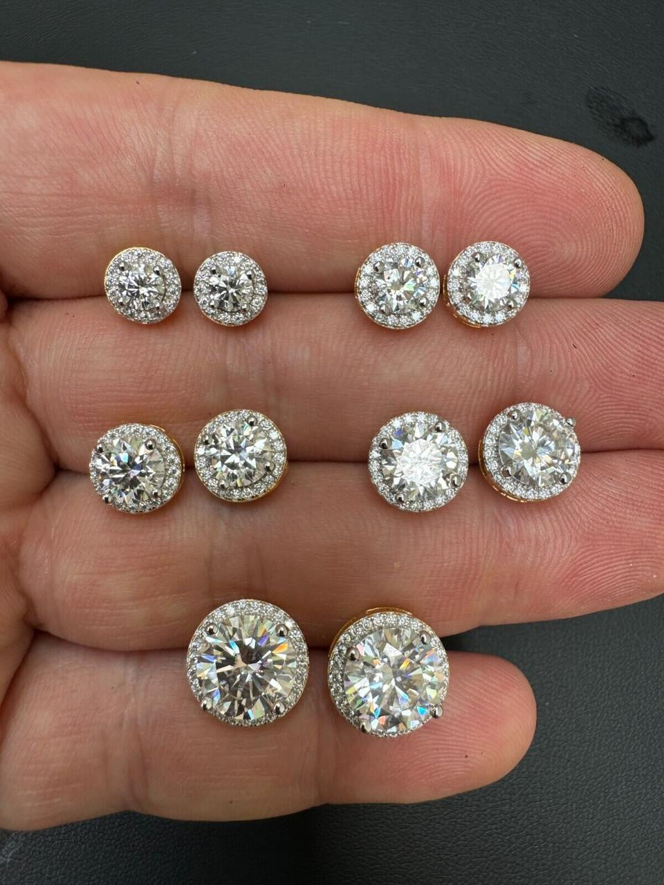 MOISSANITE Iced Out #1 Bestseller Halo Set Stud Earrings - 14k Gold Vermeil 925 Silver - 7mm -12mm
