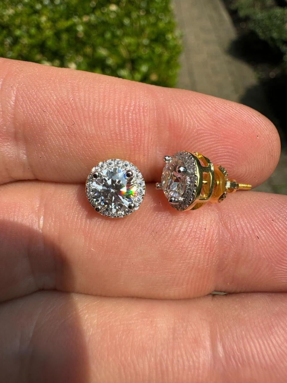 MOISSANITE Iced Out #1 Bestseller Halo Set Stud Earrings - 14k Gold Vermeil 925 Silver - 7mm -12mm