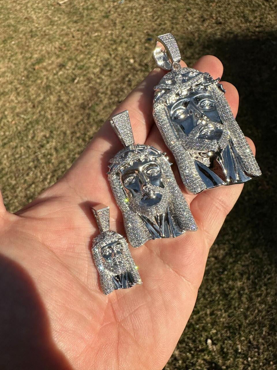 MOISSANITE Iced Out Hip Hop Jesus Face Pendant - 10k White Gold - 3 Sizes 1"-3"