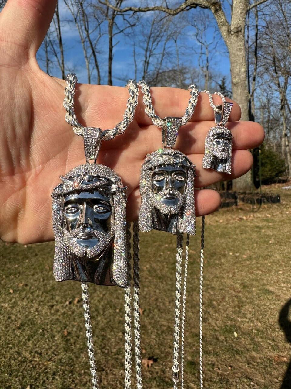 MOISSANITE Iced Out Hip Hop Jesus Face Pendant - 10k White Gold - 3 Sizes 1"-3"