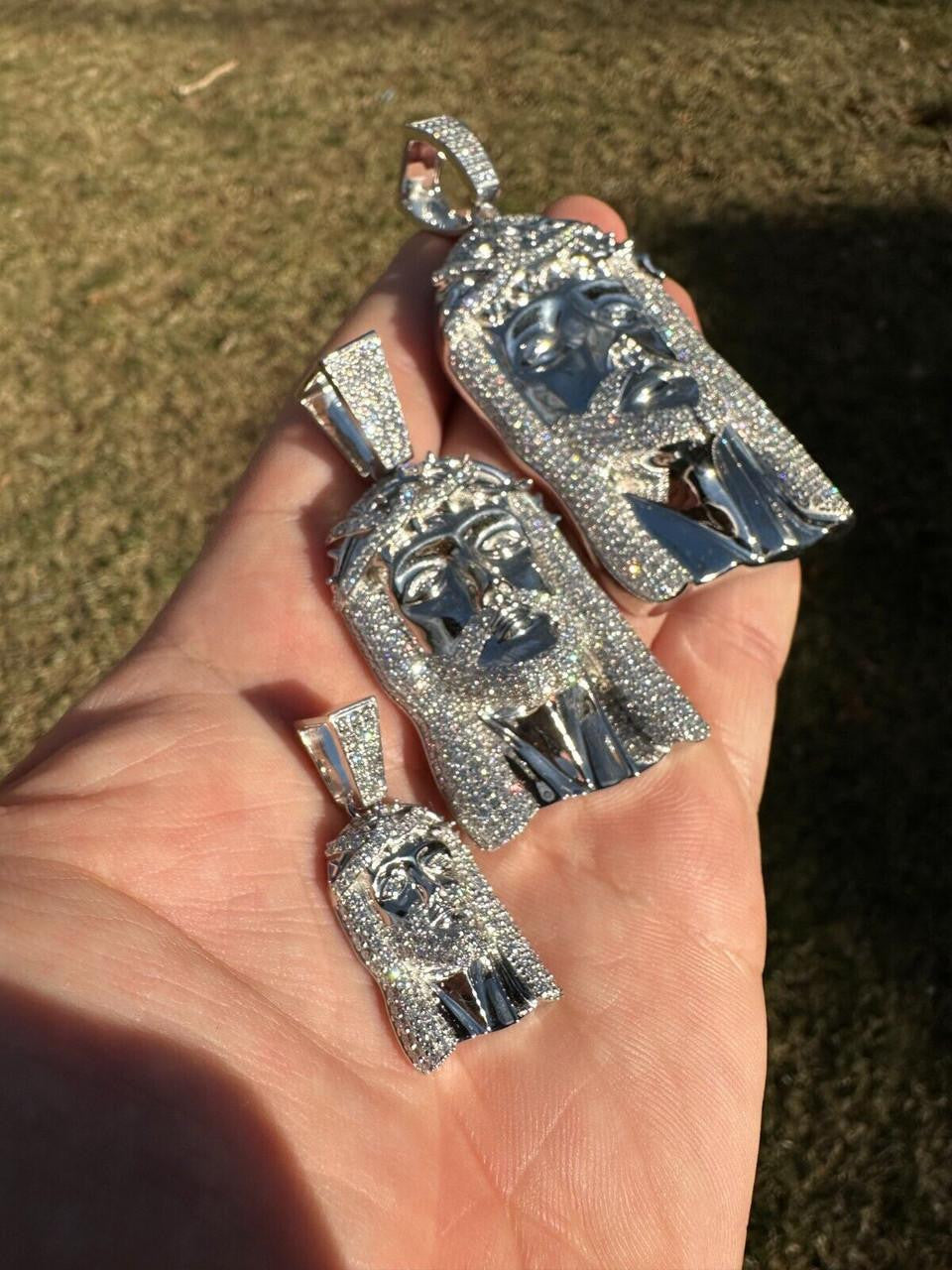 MOISSANITE Iced Out Hip Hop Jesus Face Pendant - 10k White Gold - 3 Sizes 1"-3"