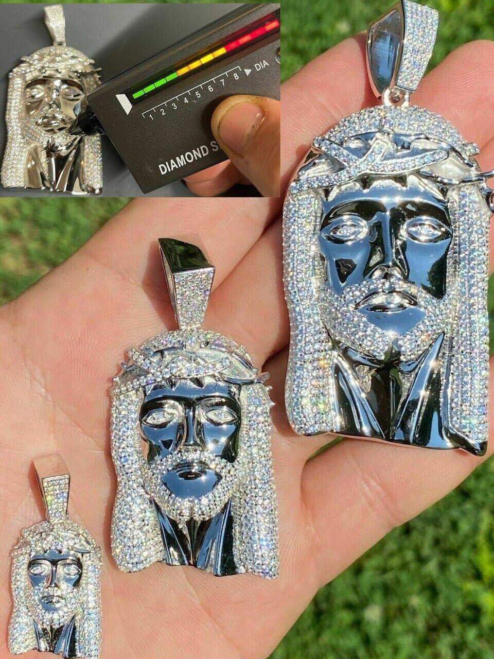MOISSANITE Iced Out Hip Hop Jesus Face Pendant - 10k White Gold - 3 Sizes 1"-3"