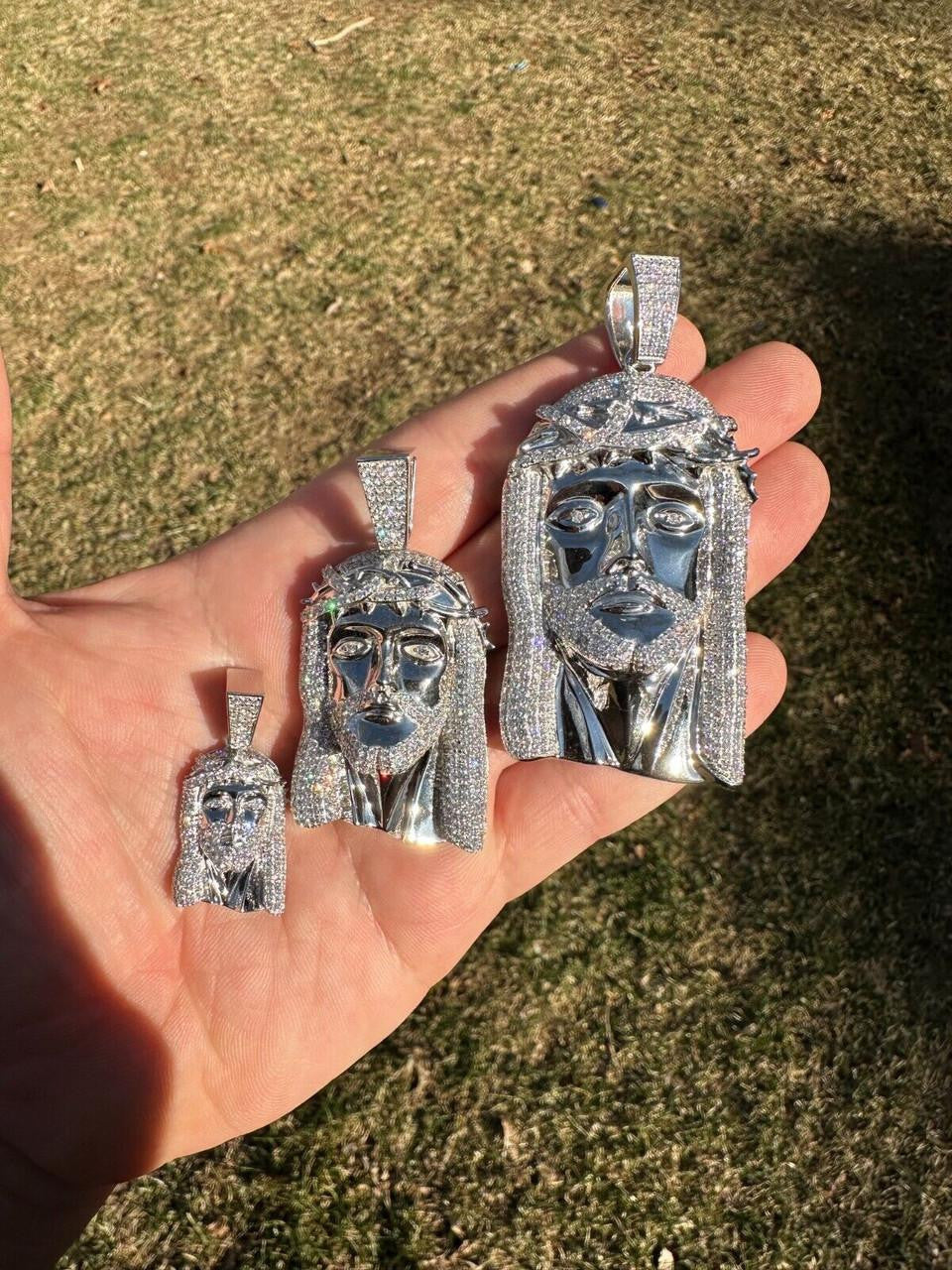 MOISSANITE Iced Out Hip Hop Jesus Face Pendant - 10k White Gold - 3 Sizes 1"-3"