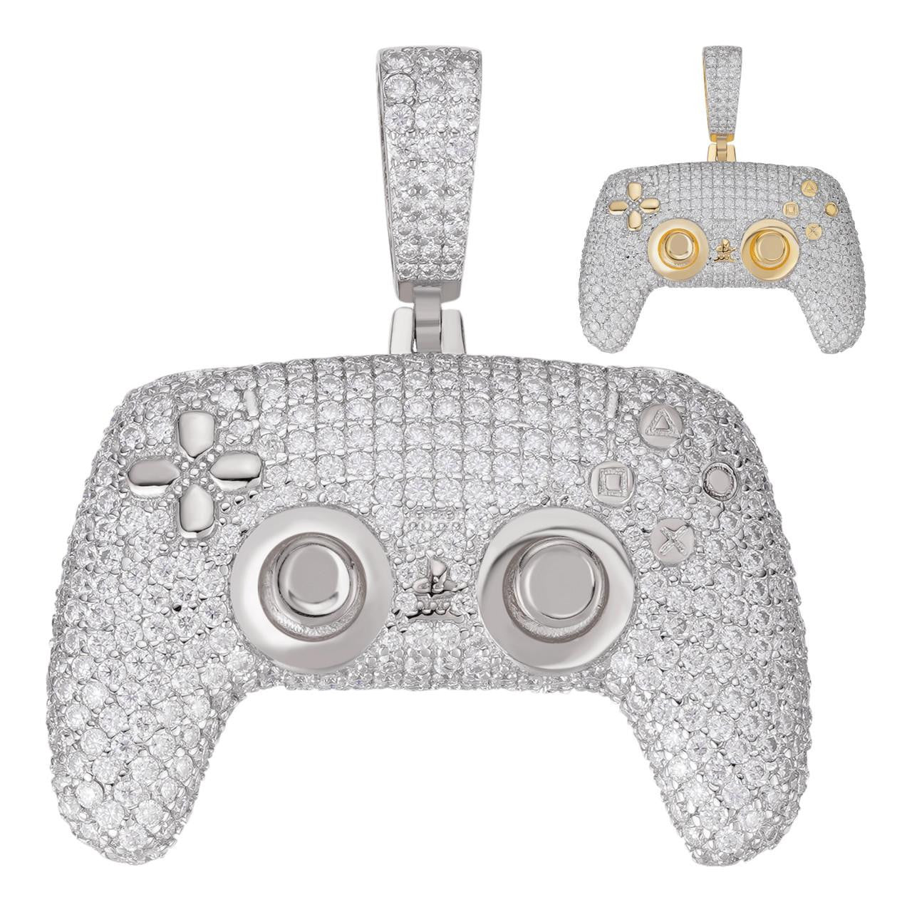 MOISSANITE Iced Out Playstation PS5 Controller Pendant - 14k Gold Vermeil Or 925 Silver - Small 1.5"