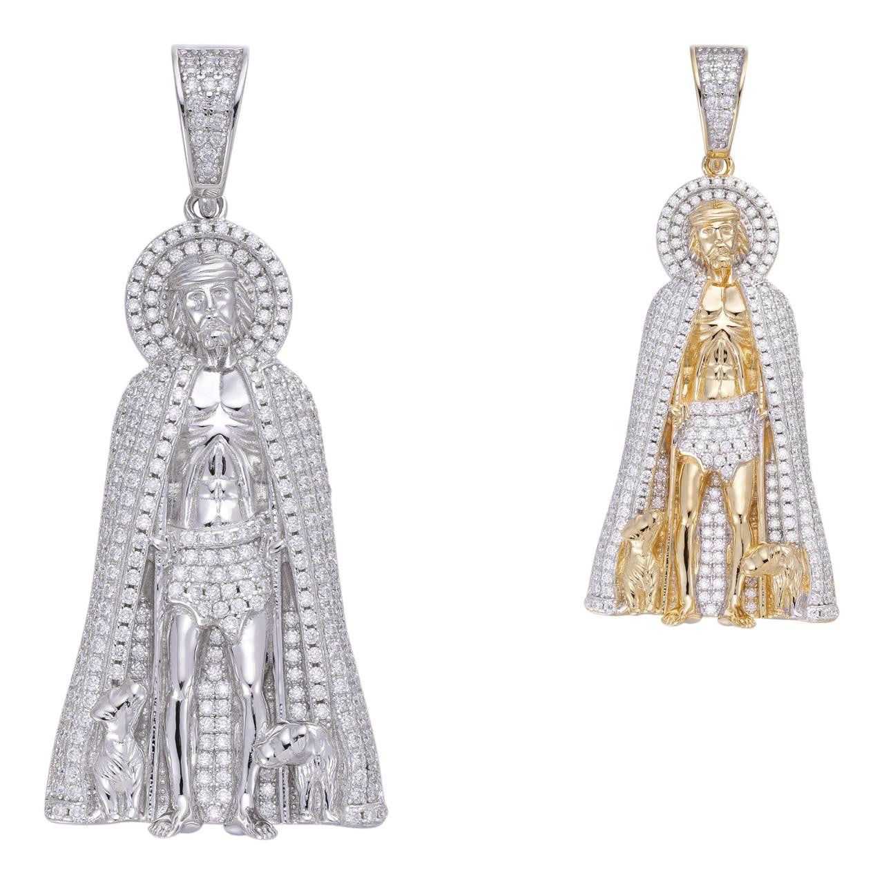 MOISSANITE Iced Saint St Lazarus Pendant - 14k Gold Vermeil Or 925 Silver - Large 2.5"
