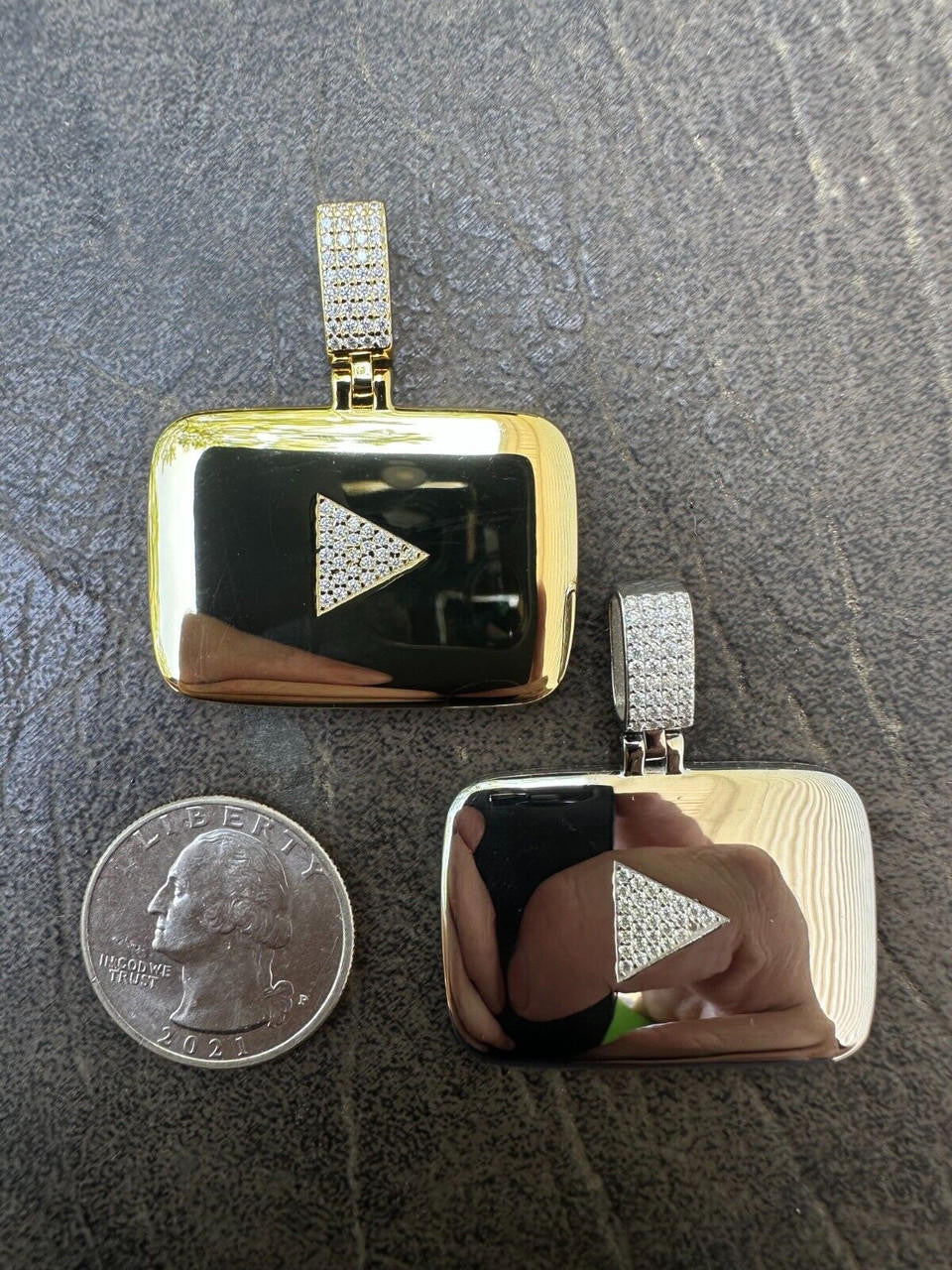 MOISSANITE Youtube Play Button Pendant - 14k Gold Vermeil Or 925 Silver - Small 1.5"