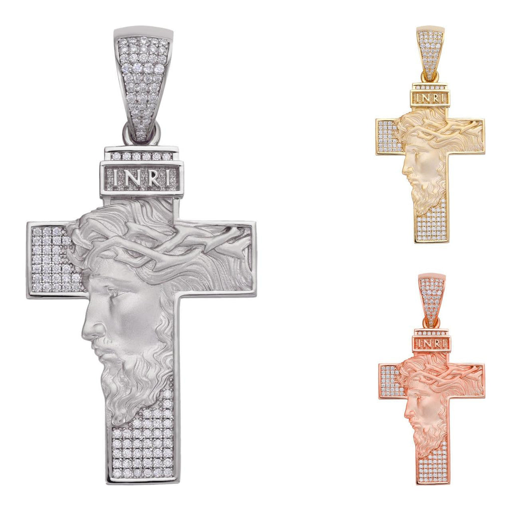 MOISSANITE Jesus Face On Cross Pendant - 14k Yellow/Rose Gold Vermeil Or 925 Silver - Large 2.5"