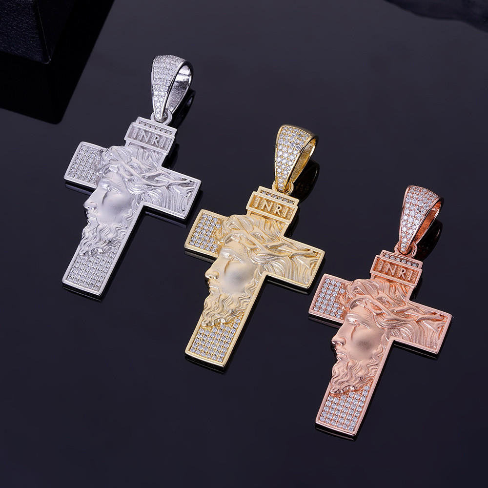 MOISSANITE Jesus Face On Cross Pendant - 14k Yellow/Rose Gold Vermeil Or 925 Silver - Large 2.5"