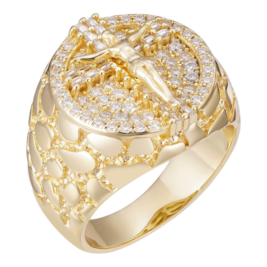 Moissanite Jesus On Cross Nugget Ring - 14k Gold Vermeil 925 Silver