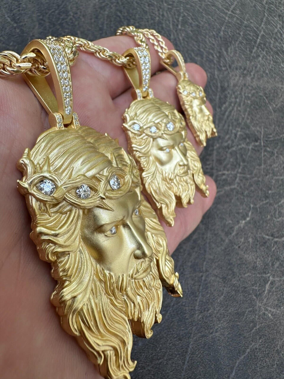 MOISSANITE #1 Bestseller Jesus Piece Pendant - Sandblasted Matte Finish 14k Gold Vermeil 925 Silver - 3 Sizes 1.5"-3"