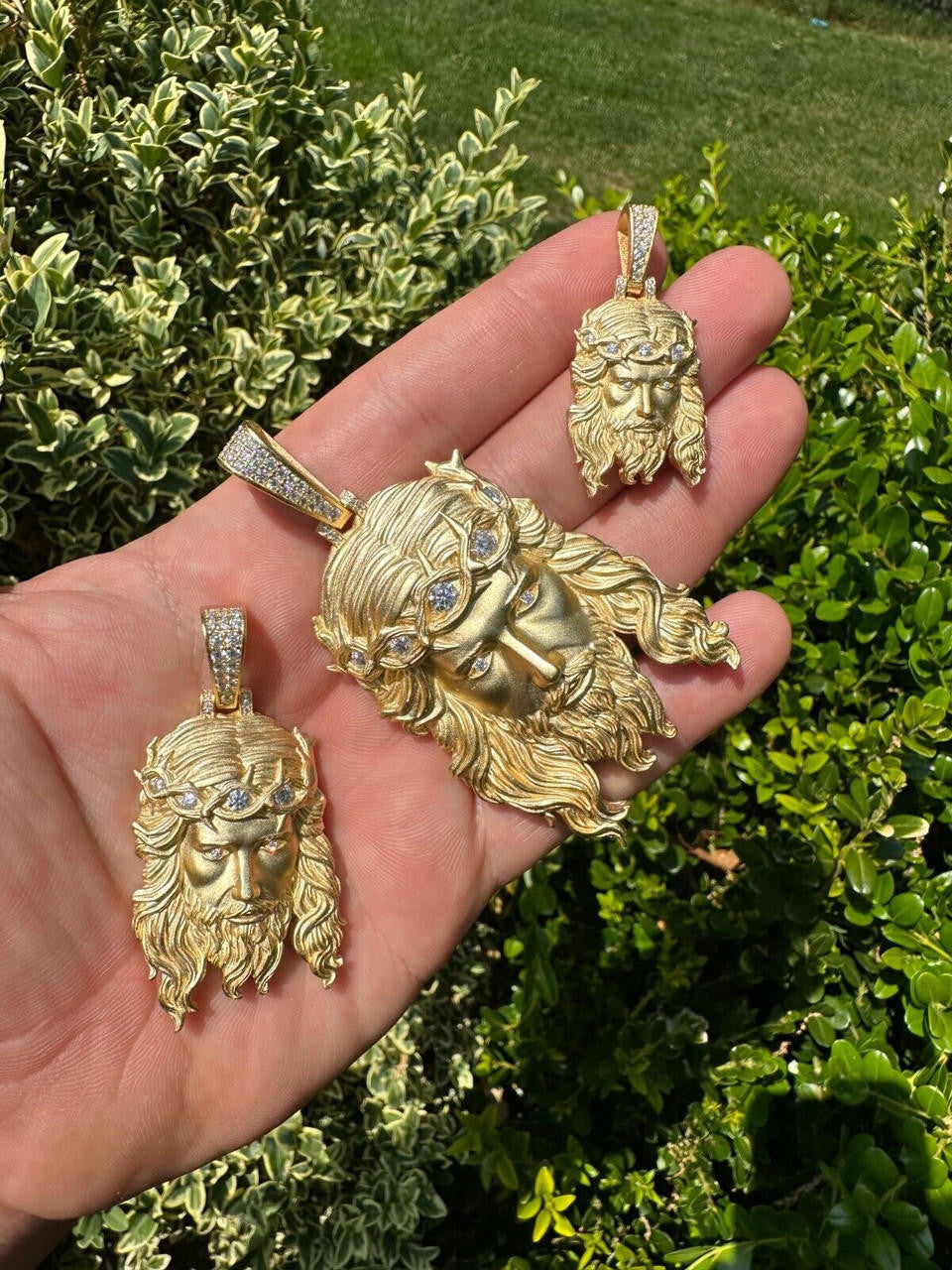 MOISSANITE #1 Bestseller Jesus Piece Pendant - Sandblasted Matte Finish 14k Gold Vermeil 925 Silver - 3 Sizes 1.5"-3"