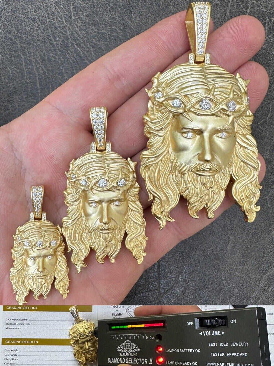 MOISSANITE #1 Bestseller Jesus Piece Pendant - Sandblasted Matte Finish 14k Gold Vermeil 925 Silver - 3 Sizes 1.5"-3"