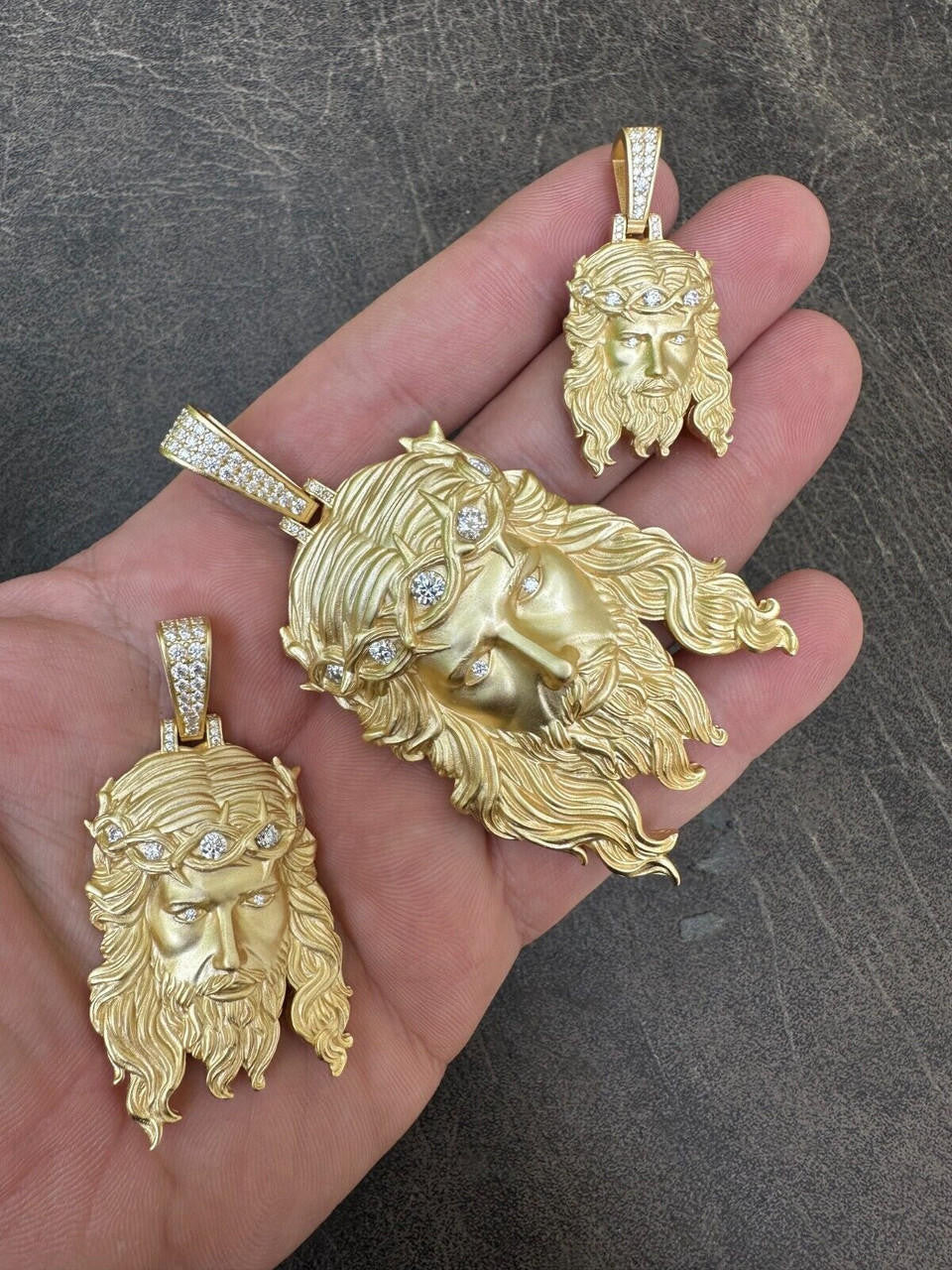 MOISSANITE #1 Bestseller Jesus Piece Pendant - Sandblasted Matte Finish 14k Gold Vermeil 925 Silver - 3 Sizes 1.5"-3"