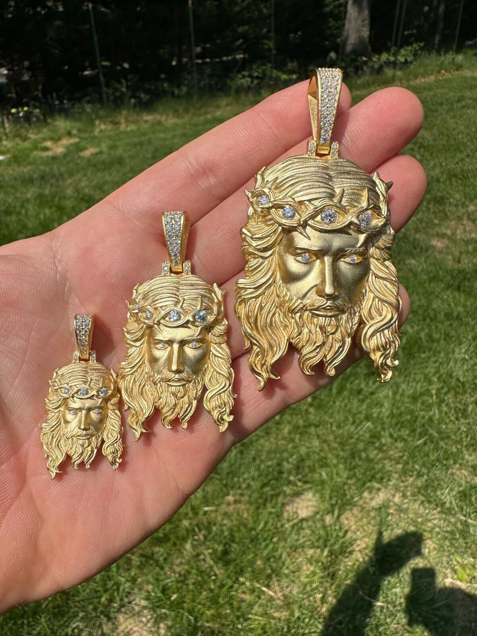 MOISSANITE #1 Bestseller Jesus Piece Pendant - Sandblasted Matte Finish 14k Gold Vermeil 925 Silver - 3 Sizes 1.5"-3"