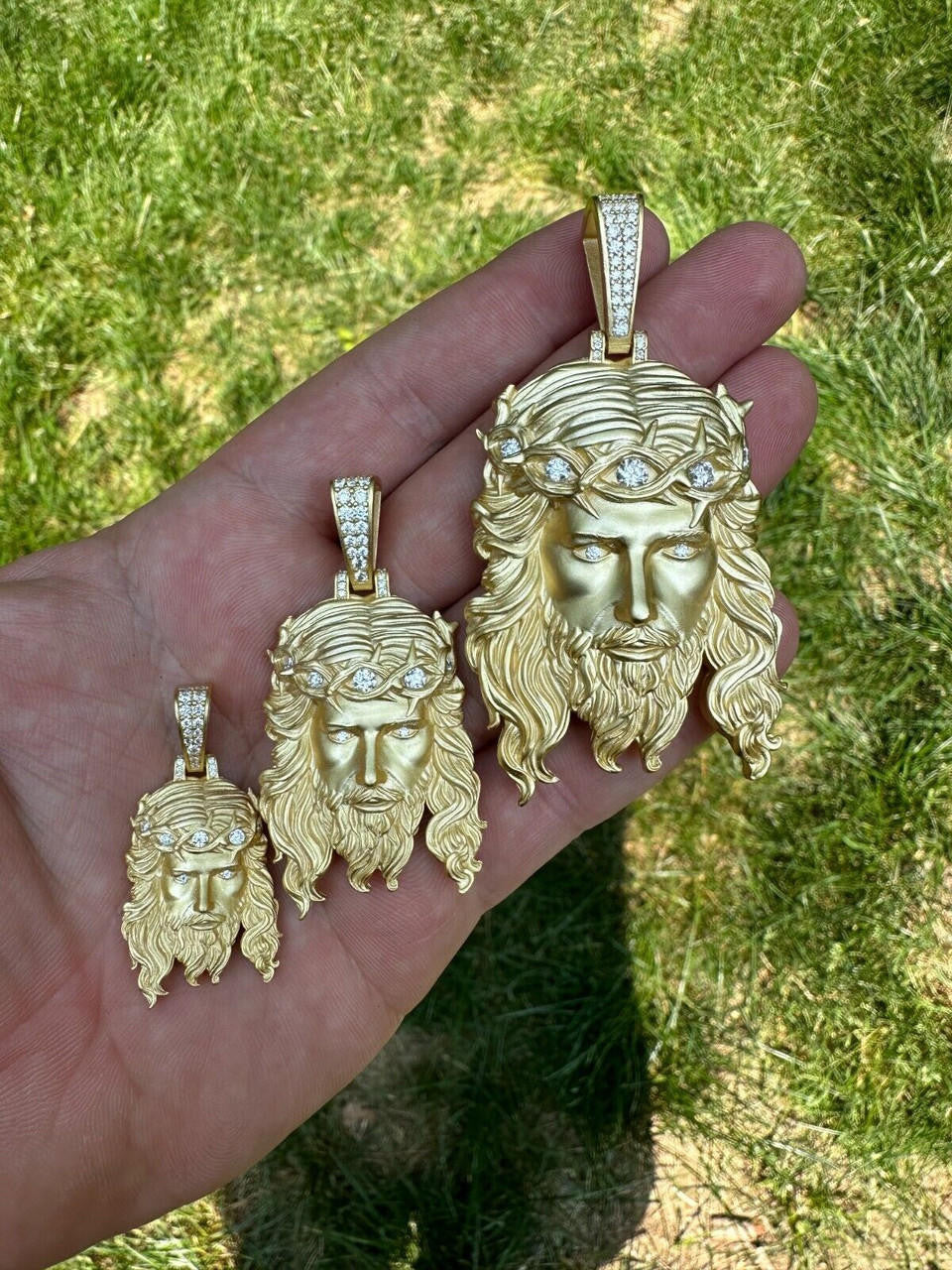 MOISSANITE #1 Bestseller Jesus Piece Pendant - Sandblasted Matte Finish 14k Gold Vermeil 925 Silver - 3 Sizes 1.5"-3"