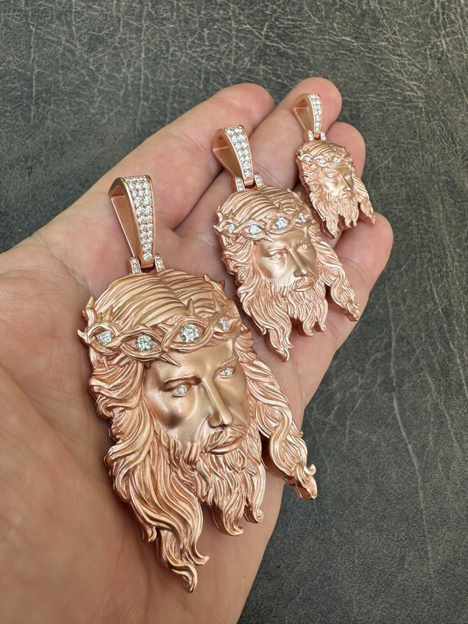 MOISSANITE #1 Bestseller Jesus Piece Pendant - Sandblasted Matte Finish 14k Rose Gold Vermeil 925 Silver - 3 Sizes 1.5"-3"