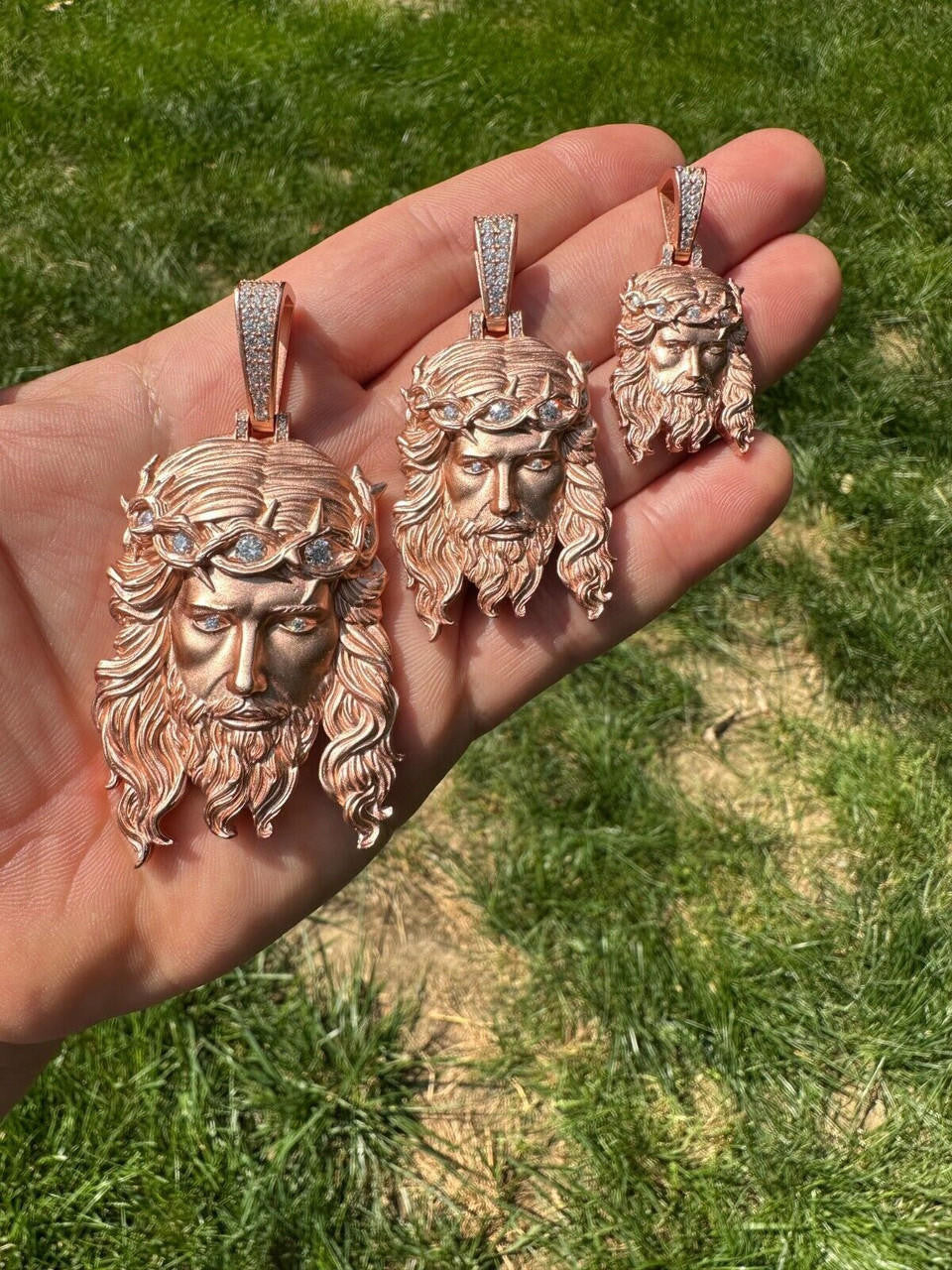 MOISSANITE #1 Bestseller Jesus Piece Pendant - Sandblasted Matte Finish 14k Rose Gold Vermeil 925 Silver - 3 Sizes 1.5"-3"