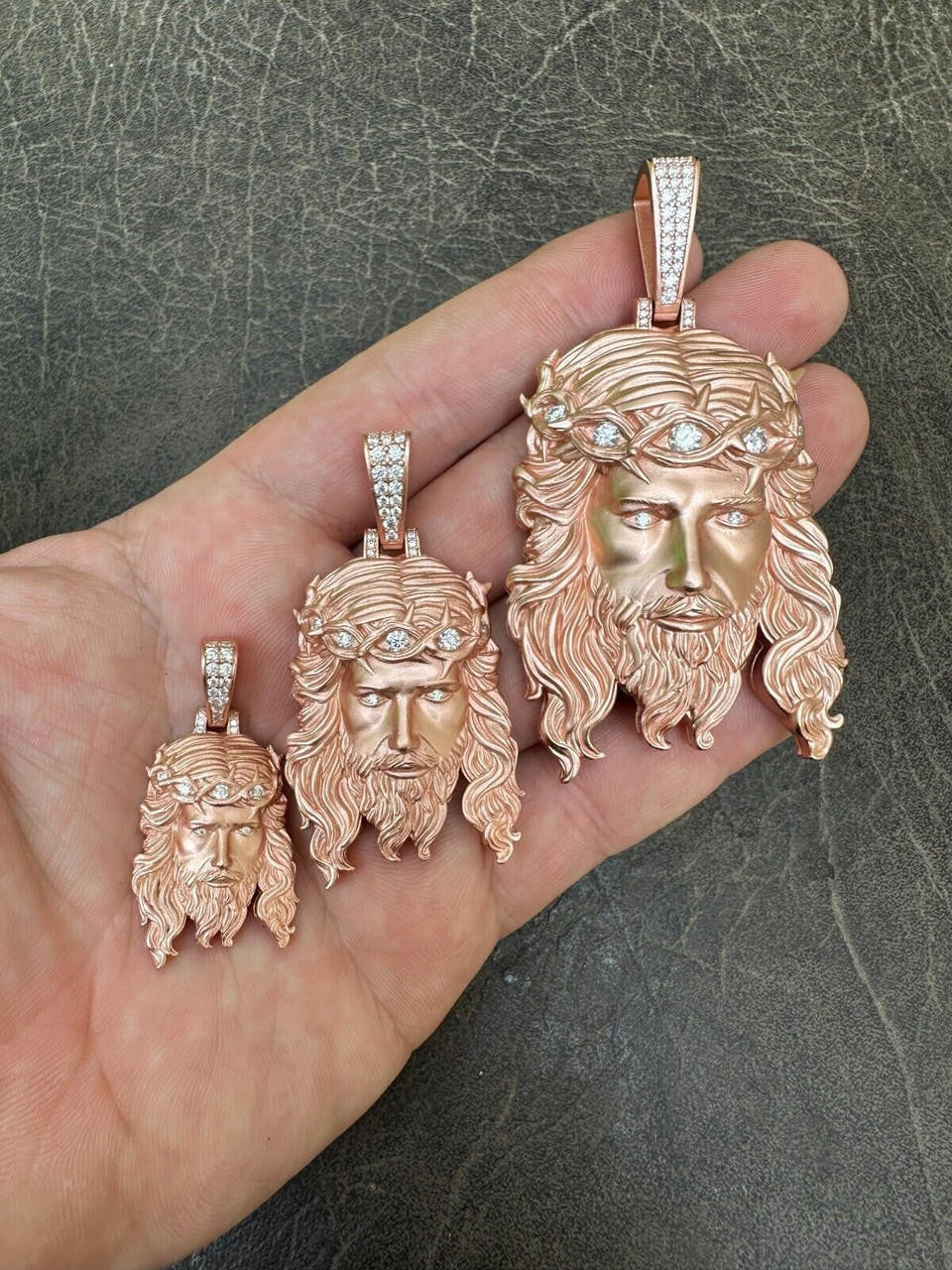 MOISSANITE #1 Bestseller Jesus Piece Pendant - Sandblasted Matte Finish 14k Rose Gold Vermeil 925 Silver - 3 Sizes 1.5"-3"