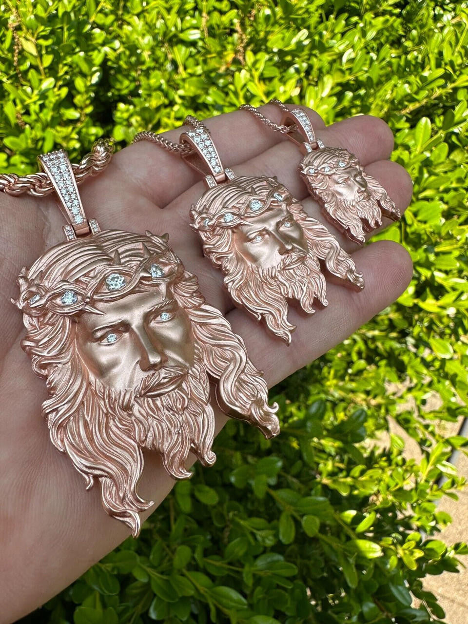 MOISSANITE #1 Bestseller Jesus Piece Pendant - Sandblasted Matte Finish 14k Rose Gold Vermeil 925 Silver - 3 Sizes 1.5"-3"