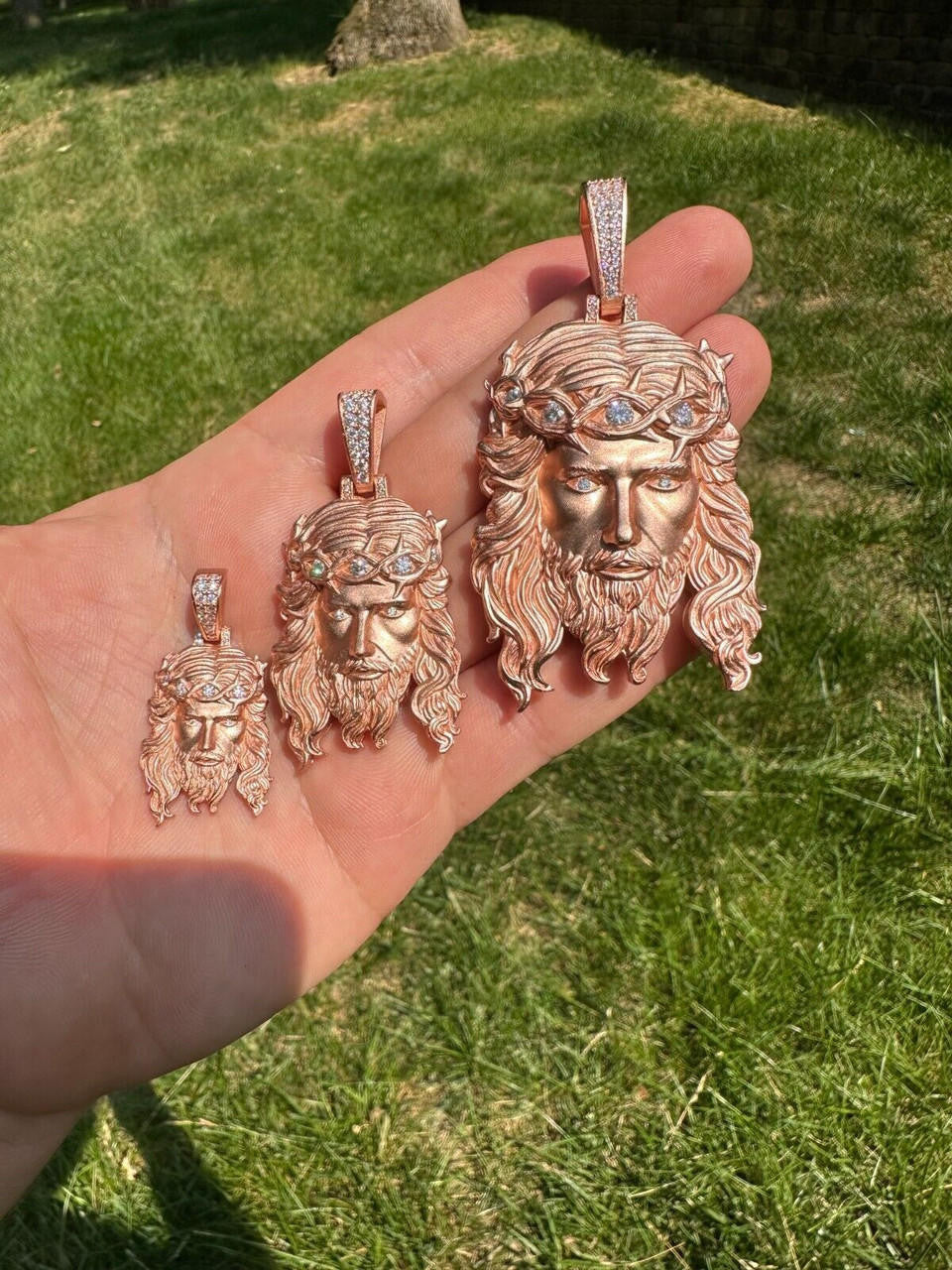 MOISSANITE #1 Bestseller Jesus Piece Pendant - Sandblasted Matte Finish 14k Rose Gold Vermeil 925 Silver - 3 Sizes 1.5"-3"