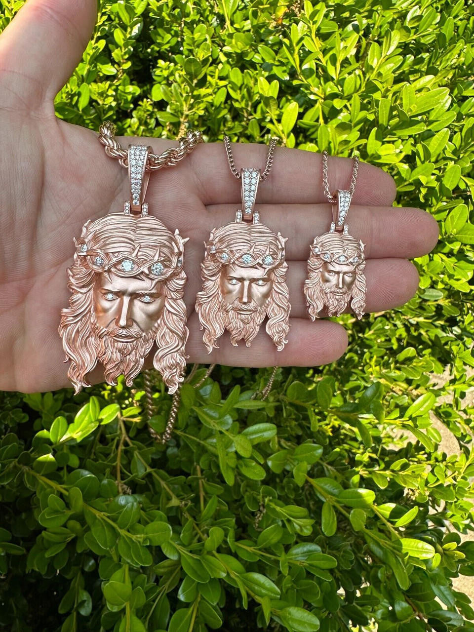 MOISSANITE #1 Bestseller Jesus Piece Pendant - Sandblasted Matte Finish 14k Rose Gold Vermeil 925 Silver - 3 Sizes 1.5"-3"