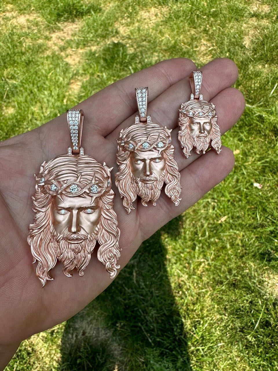 MOISSANITE #1 Bestseller Jesus Piece Pendant - Sandblasted Matte Finish 14k Rose Gold Vermeil 925 Silver - 3 Sizes 1.5"-3"