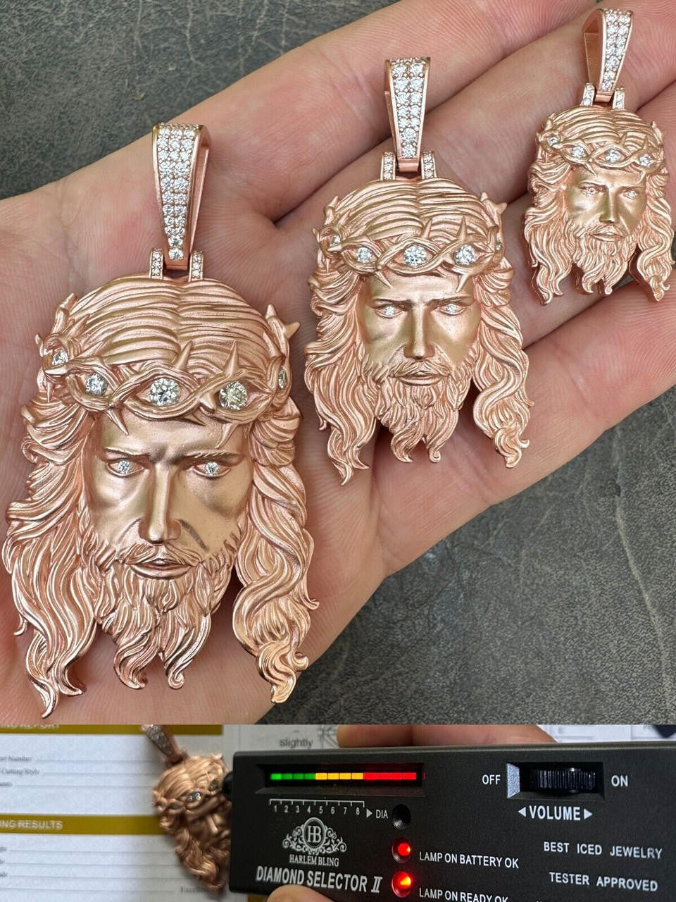 MOISSANITE #1 Bestseller Jesus Piece Pendant - Sandblasted Matte Finish 14k Rose Gold Vermeil 925 Silver - 3 Sizes 1.5"-3"