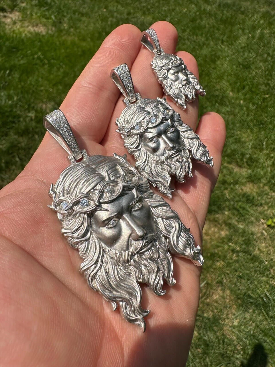 MOISSANITE #1 Bestseller Jesus Piece Pendant - Sandblasted Matte Finish 925 Silver - 3 Sizes 1.5"-3"