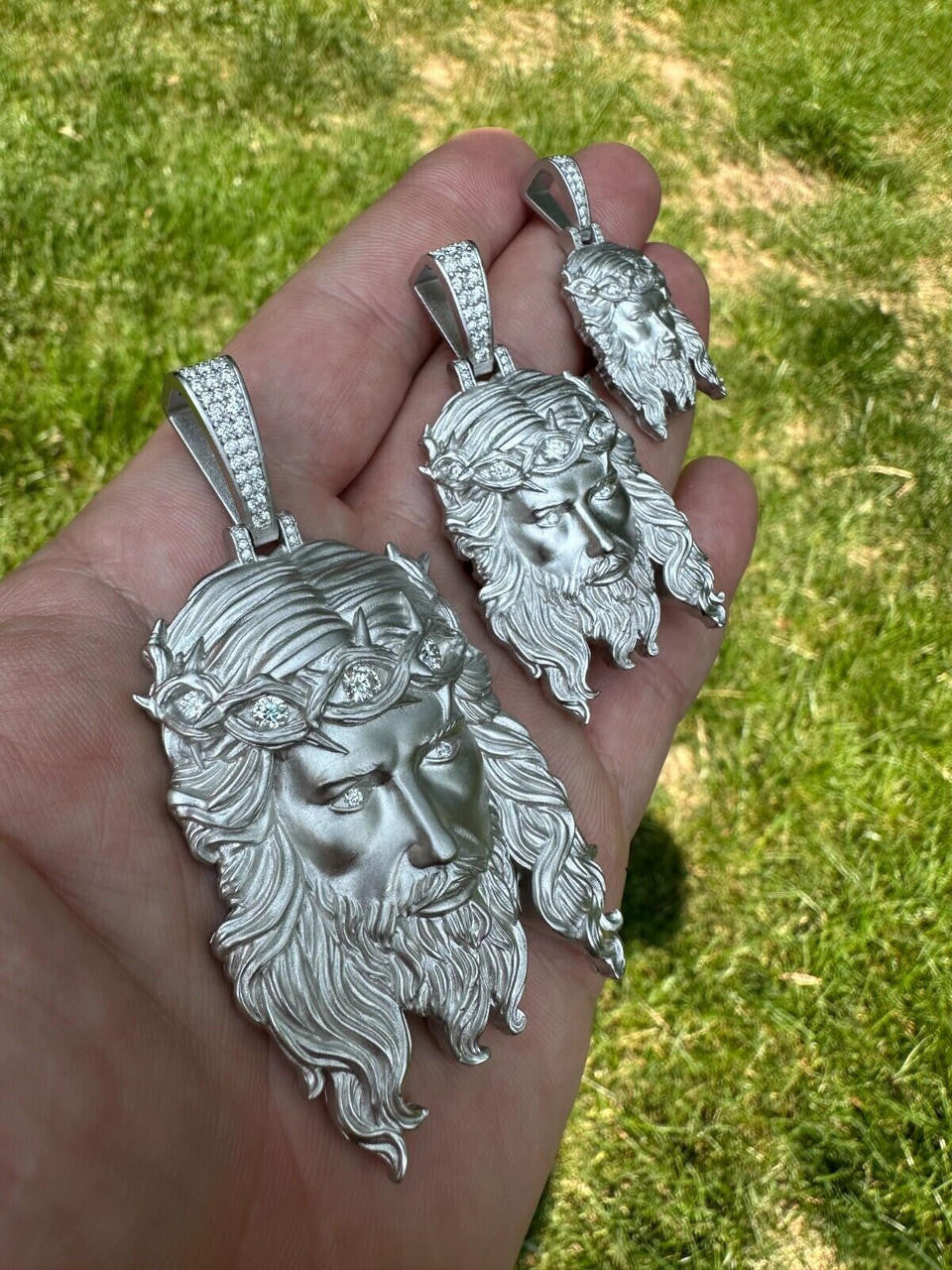MOISSANITE #1 Bestseller Jesus Piece Pendant - Sandblasted Matte Finish 925 Silver - 3 Sizes 1.5"-3"