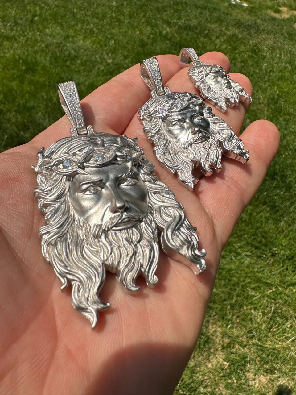 MOISSANITE #1 Bestseller Jesus Piece Pendant - Sandblasted Matte Finish 925 Silver - 3 Sizes 1.5"-3"