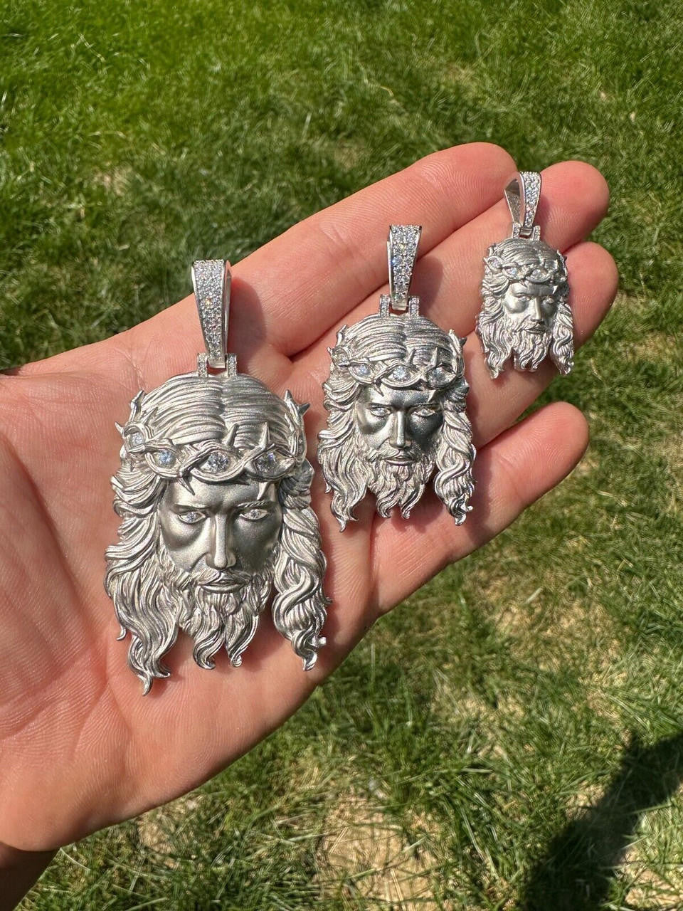 MOISSANITE #1 Bestseller Jesus Piece Pendant - Sandblasted Matte Finish 925 Silver - 3 Sizes 1.5"-3"