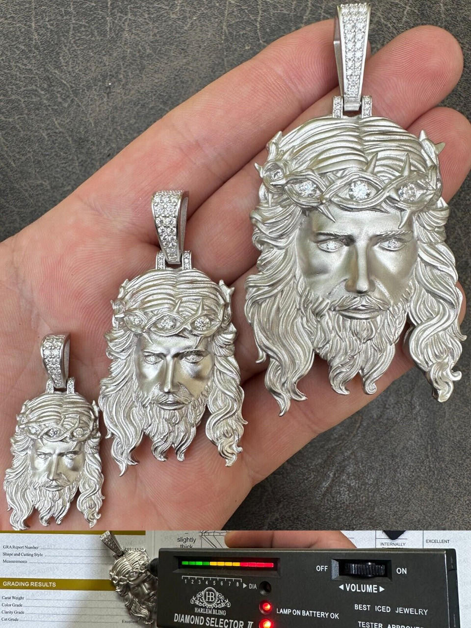 MOISSANITE #1 Bestseller Jesus Piece Pendant - Sandblasted Matte Finish 925 Silver - 3 Sizes 1.5"-3"