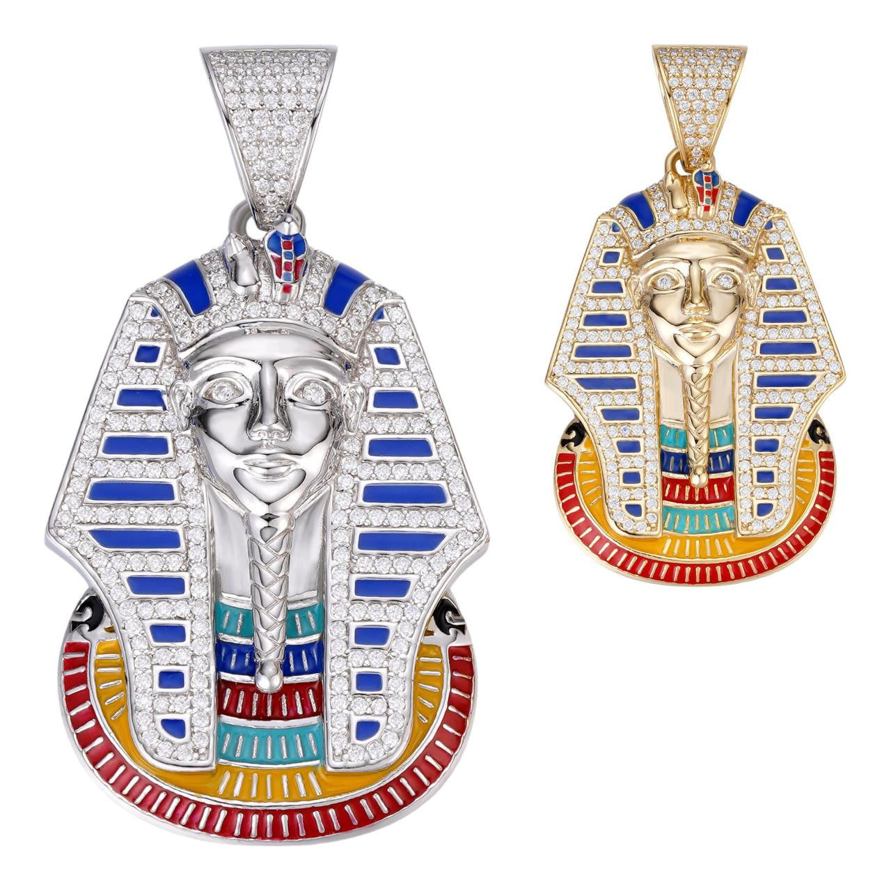 MOISSANITE Kig Tut Egyptian Pharoah W. Enamel Pendant - 14k Gold Vermeil Or 925 Silver - Medium 2"