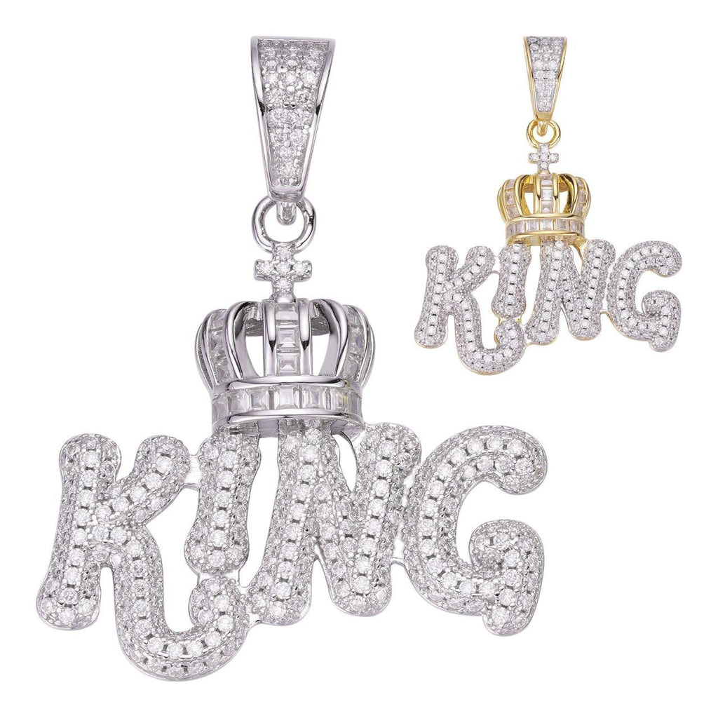 MOISSANITE King W. Crown Hip Hop Pendant - 14k Gold Vermeil Or 925 Silver - Medium 1.75"