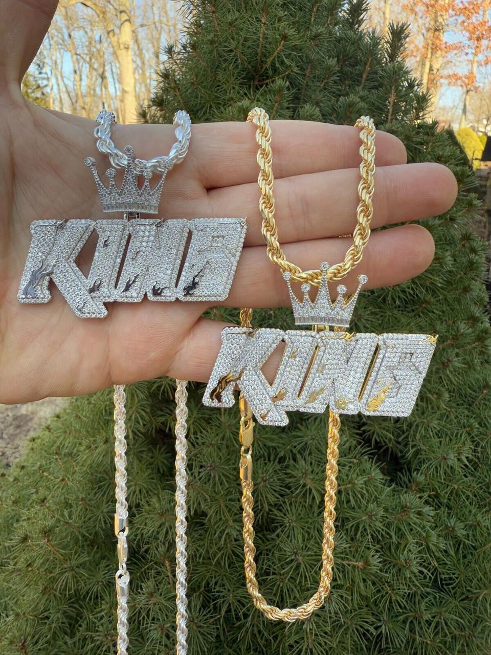MOISSANITE KING W. Custom Crown Pendant - 14k Gold Vermeil or 925 Silver - Large 2.75"