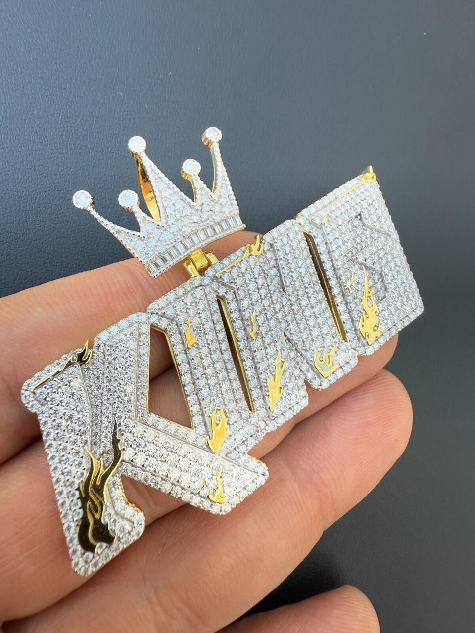 MOISSANITE KING W. Custom Crown Pendant - 14k Gold Vermeil or 925 Silver - Large 2.75"