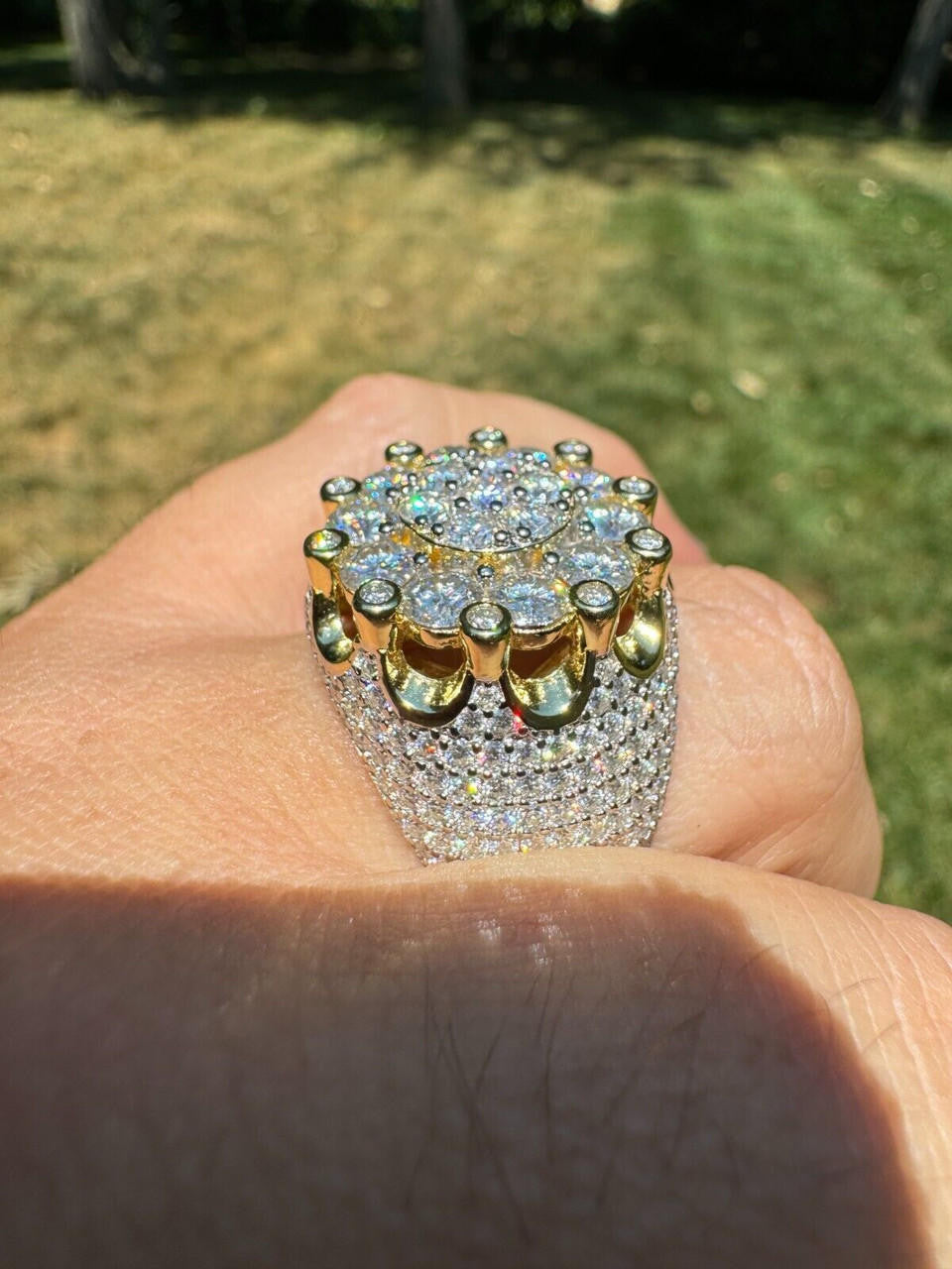 MOISSANITE Large Royal Crown Iced Out Ring - 14k Gold Vermeil 925 Silver