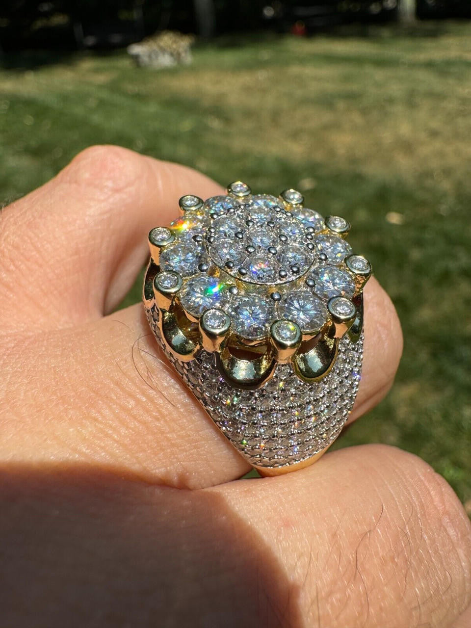 MOISSANITE Large Royal Crown Iced Out Ring - 14k Gold Vermeil 925 Silver