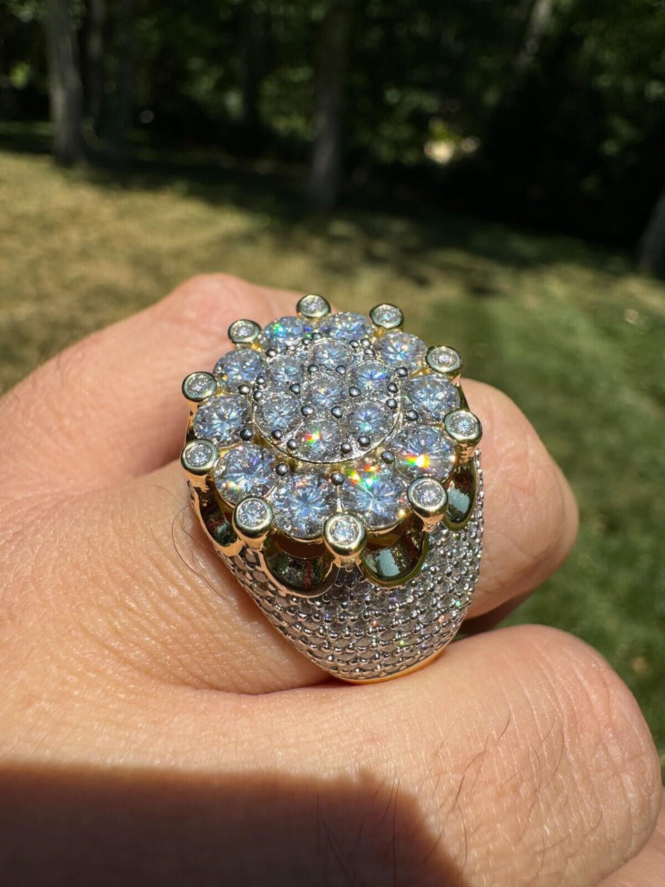 MOISSANITE Large Royal Crown Iced Out Ring - 14k Gold Vermeil 925 Silver