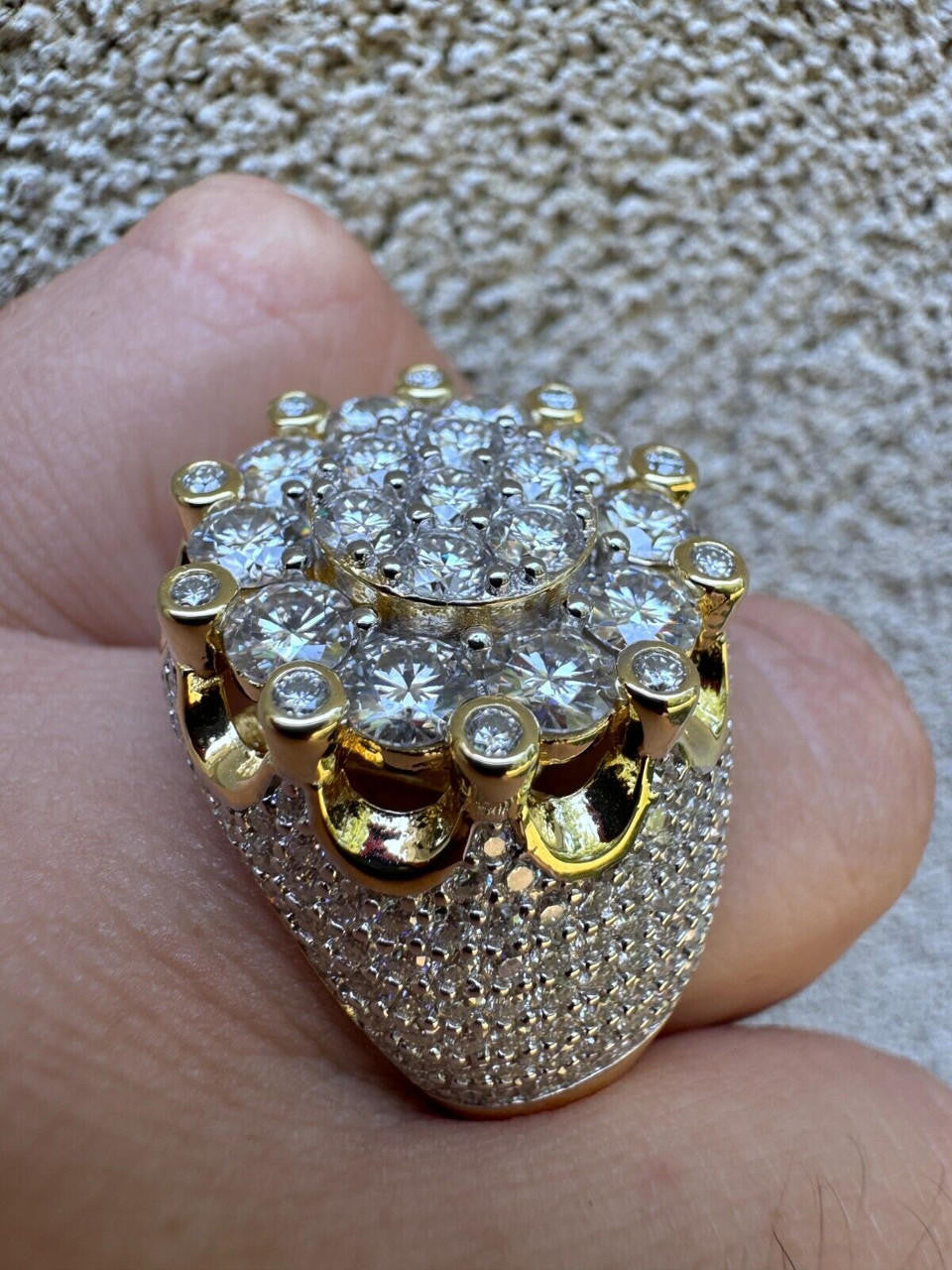 MOISSANITE Large Royal Crown Iced Out Ring - 14k Gold Vermeil 925 Silver