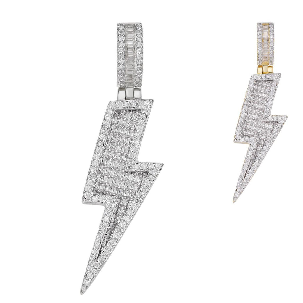 MOISSANITE Lightning Bolt Iced Out Pendant - 14k Gold Vermeil Or 925 Silver - Medium 2"