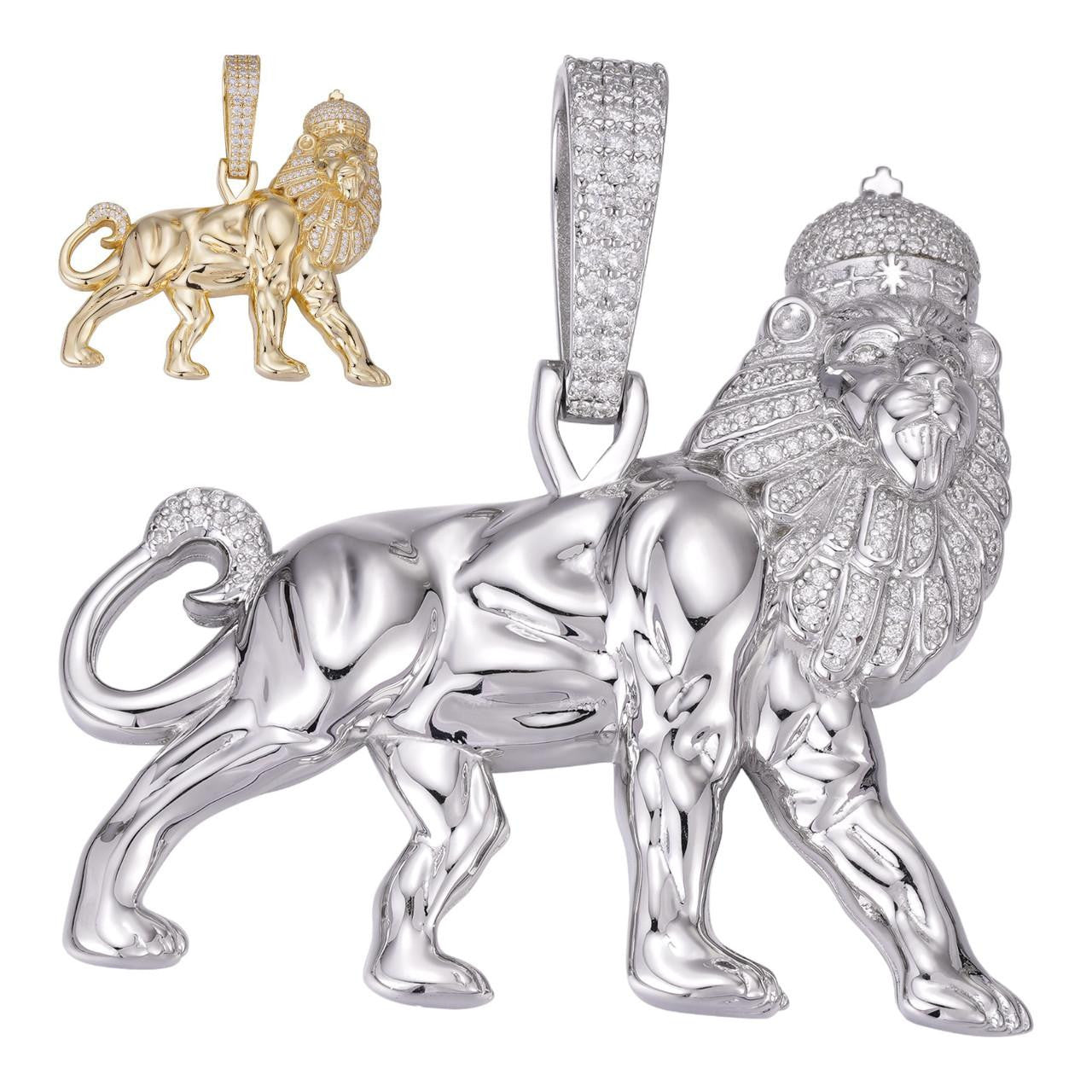 MOISSANITE Lion Of Judah W. Crown Rasta Pendant - 14k Gold Vermeil or 925 Silver - Medium 2.25"