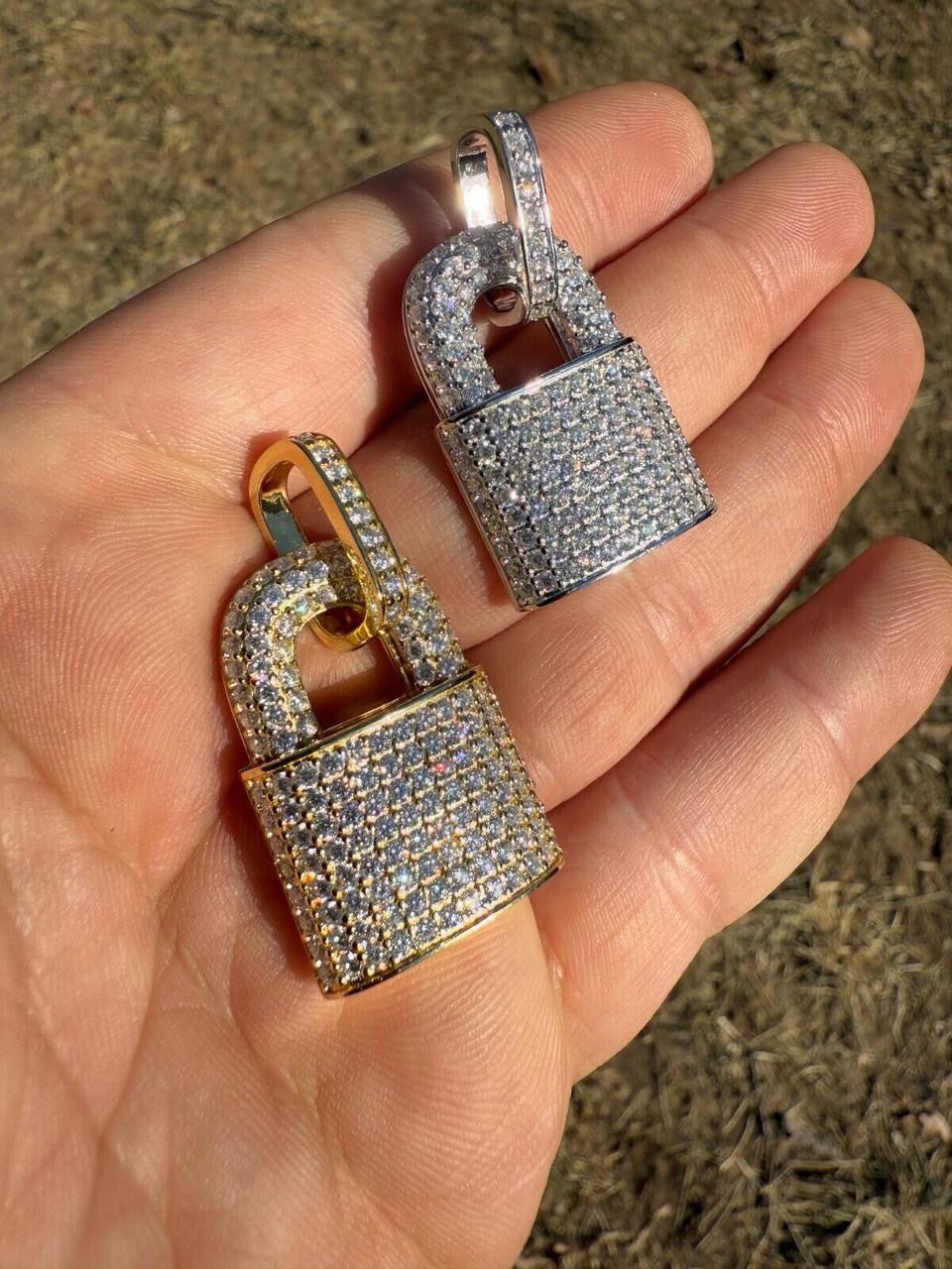 MOISSANITE Love Lock Padlock Pendant - 14k Yellow Gold Vermeil Or 925 Silver - Medium 1.5"