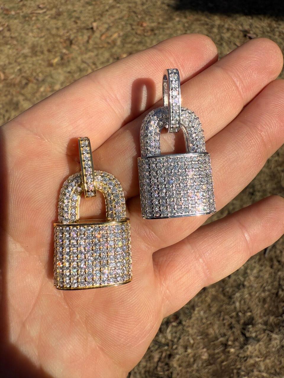MOISSANITE Love Lock Padlock Pendant - 14k Yellow Gold Vermeil Or 925 Silver - Medium 1.5"
